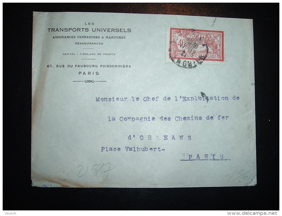 LETTRE TP MERSON 40C OBL. 12-12-21 PARIS + TRANSPORTS UNIVERSELS ASSURANCES TERRESTRES &amp; MARITIMES + VIGNETTE - Cartas & Documentos