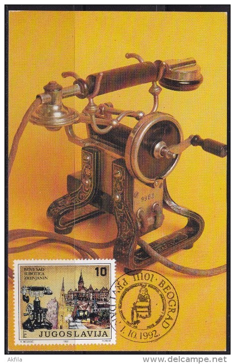 3402. Yugoslavia, 1992, 100th Anniversary Of Public Telephone Traffic In Novi Sad, CM - Tarjetas – Máxima