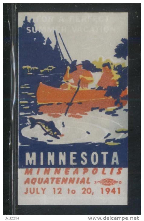 USA 1941 MINNESOTA MINNEAPOLIS AQUATENNIAL FISHING ANGLING BOAT NO GUM POSTER STAMP CINDERELLA REKLAMENMARKEN - Ohne Zuordnung