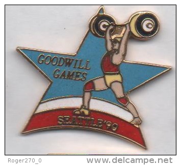 Superbe Pin´s En EGF , Jeux , Goodwill Games , Seattle 90 , Haltérophilie , Haltéres - Haltérophilie