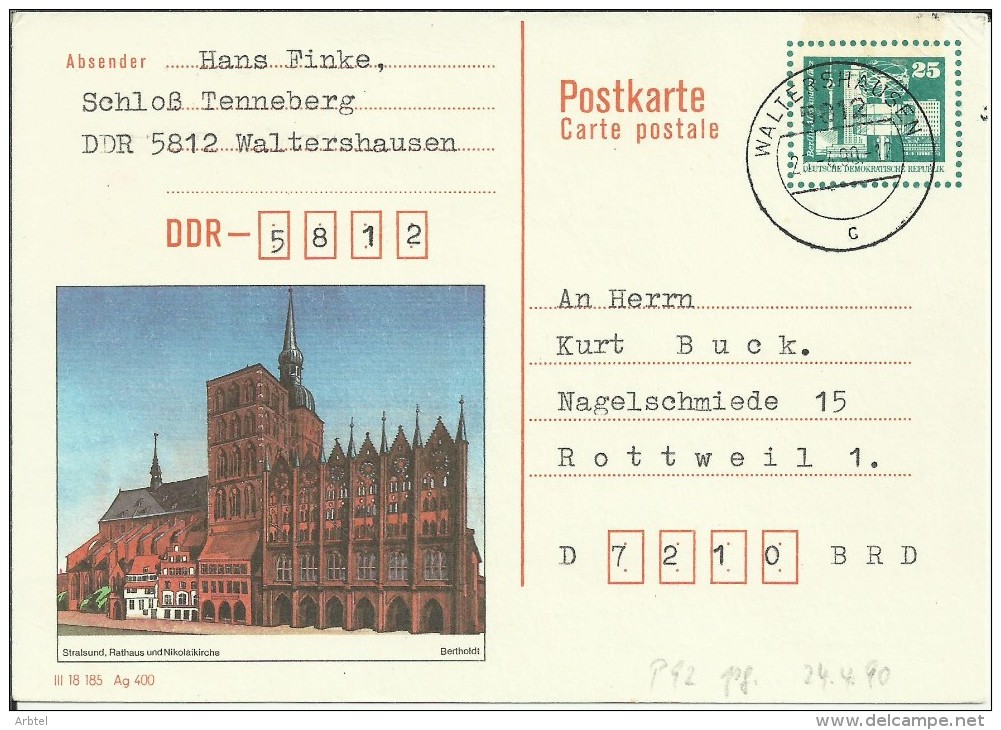 ALEMANIA DDR ENTERO POSTAL MAT WALTERSHAUSEB  STARLSUND RATHAUS - Postcards - Used