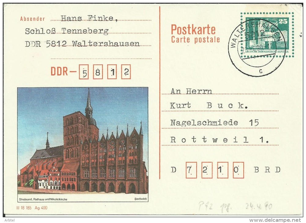 ALEMANIA DDR ENTERO POSTAL MAT WALTERSHAUSEB  STARLSUND RATHAUS - Postales - Usados