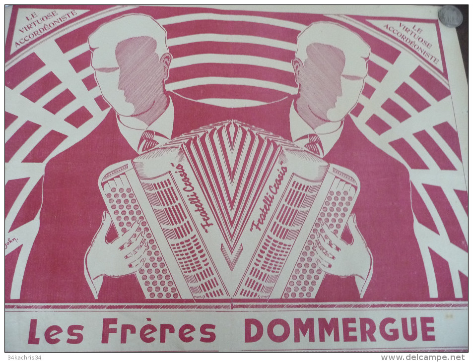 Affiche Musicale Publicitaire Illustrée Par Curly John . Les Frères Dommergue Accordéoniste..Fratelli Corsio - Afiches & Pósters