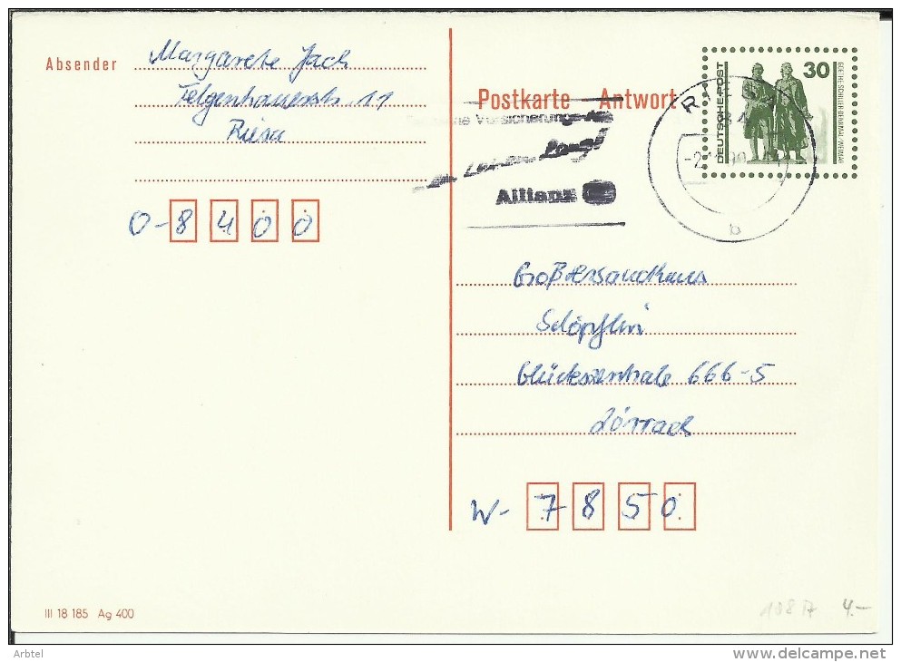 ALEMANIA DDR ENTERO POSTAL MAT RIESA ALLIANZ - Postcards - Used
