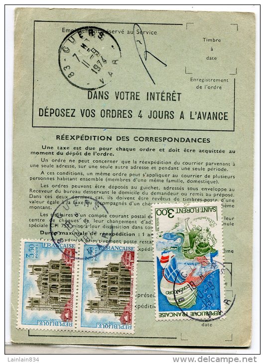 - Ordre De Réexpédition Définitif, 3 Timbres, 1974, Cachet CUERS,  Scans. - Lettres & Documents