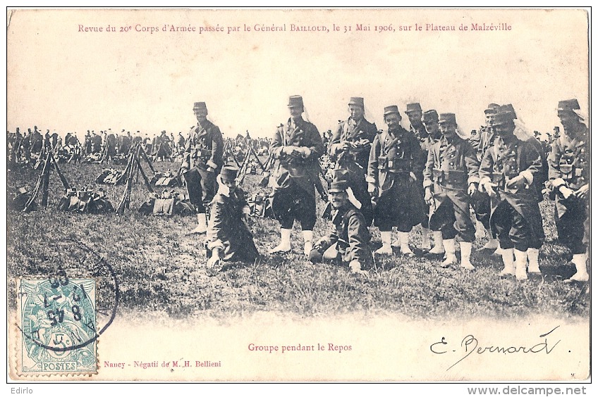 MALZEVILLE Revue Du 20e Corps D'Armée Passée Par Le Géérale Bailloud, Le 31 Mai 1906 - Groupe Au Repos - TB - Maxeville