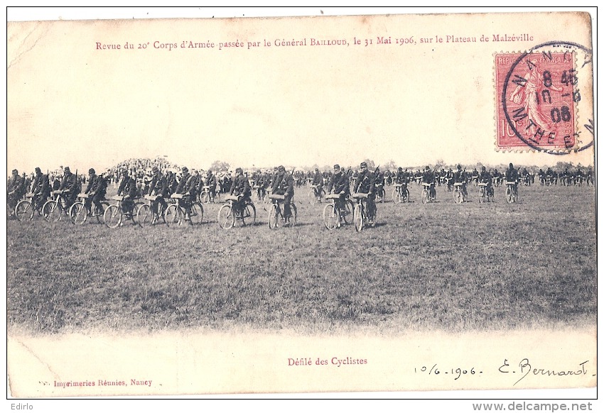 MALZEVILLE Revue Du 20e Corps D'Armée Passée Par Le Général Bailloud, Le 31 Mai 1906 -défilé Des Cyclistes- TB - Maxeville