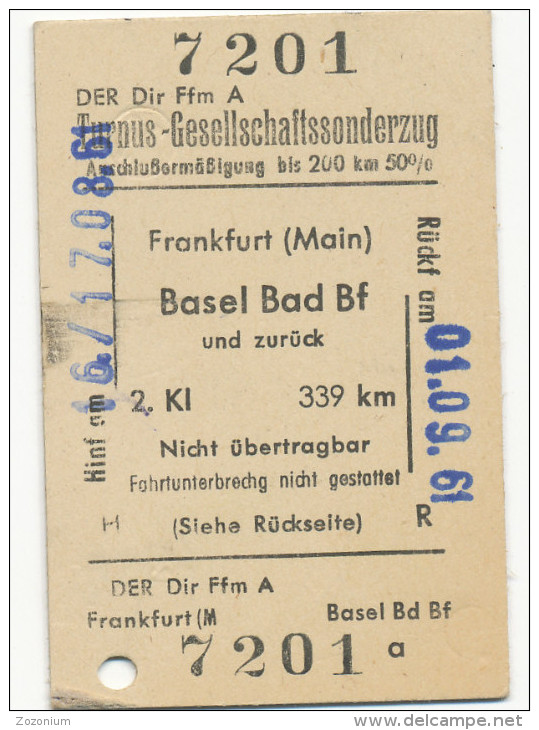 RAILWAY - Train Ticket - FEANKFURT - BASEL BAD, 2ND CLASS, TURNUS-GESELLSCHAFTSSONDE RZUG: - Europe