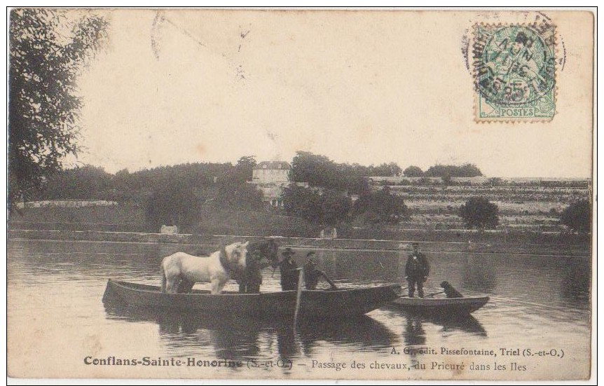 CPA 78 CONFLANS SAINTE HONORINE Passage Des Chevaux Par Le Bac Du Prieuré Dans Les Iles 1906 - Conflans Saint Honorine