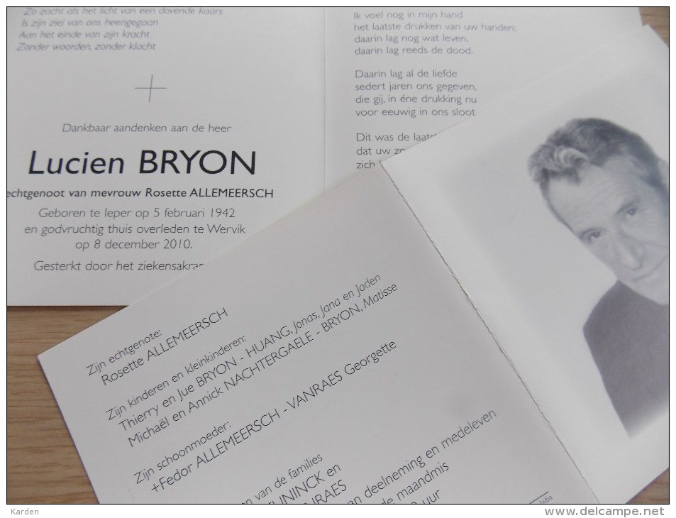 Doodsprentje Lucien Bryon Ieper 5/2/1942 Wervik 8/12/2010 ( Rosette Allemeersch ) - Religione & Esoterismo