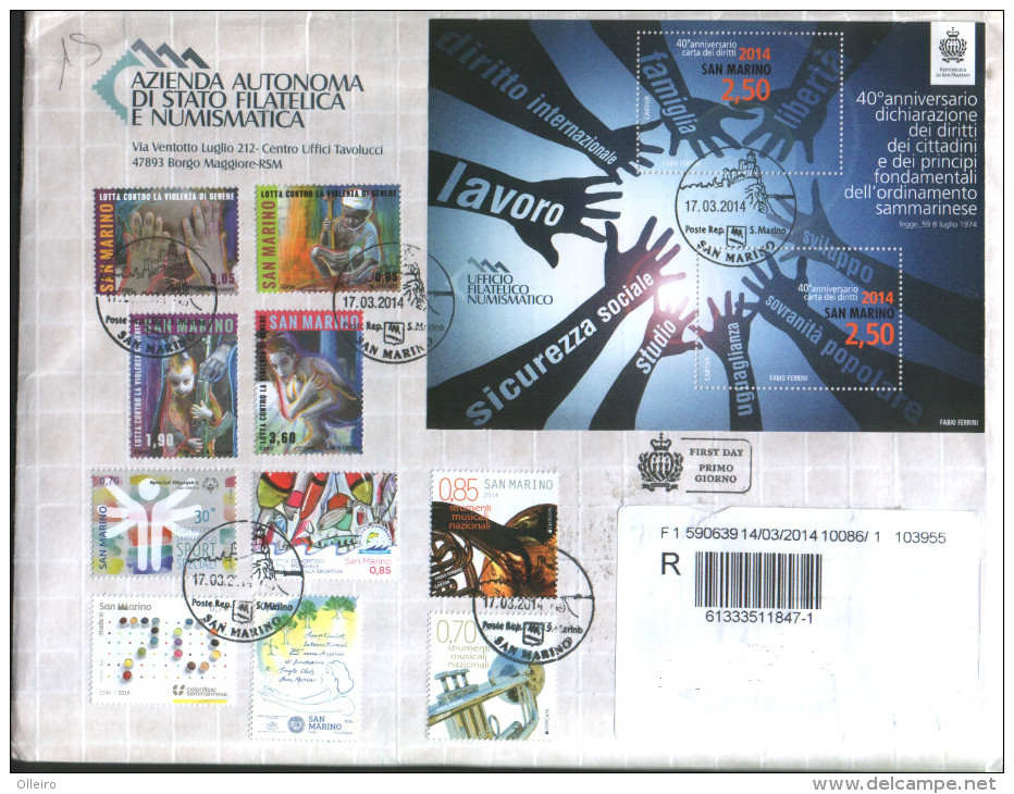 San Marino 2014 Busta FDC Con Emissioni 40 ONU Dichiarazione Diritti - Europa - Pesca Sportiva Etc Complete Set VFU - Used Stamps