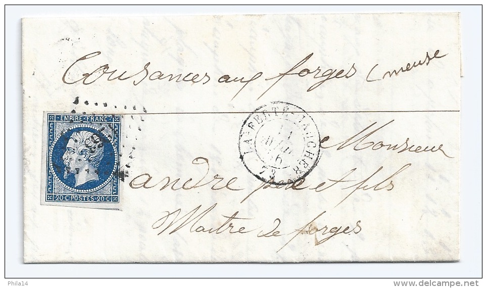 N° 14 BLEU NAPOLEON SUR LETTRE LA FERTE GAUCHER SEINE ET MARNE POUR COUSANCES AUX FORGES MEUSE / 14 AVRIL 1856 - 1849-1876: Période Classique