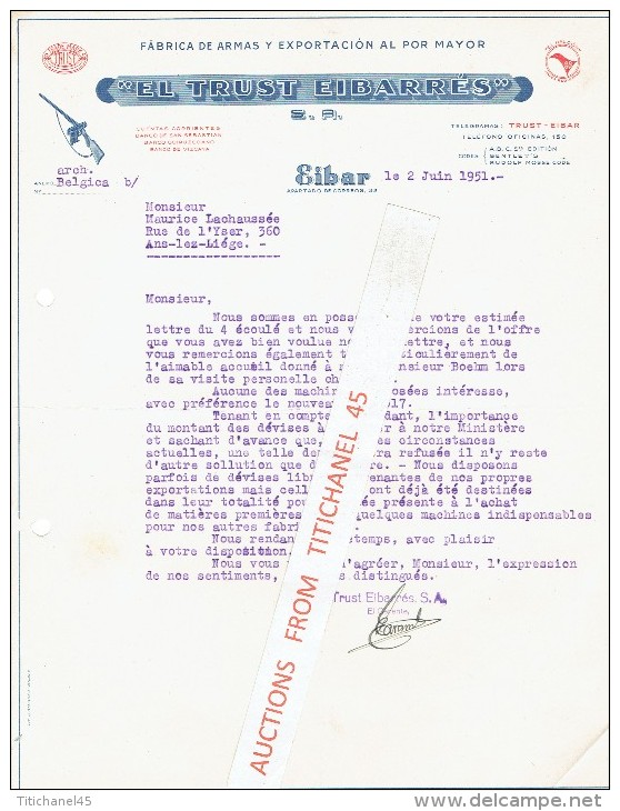 Carta 1951 EIBAR - "EL TRUST EIBARRES" - Fabrica De Armas Y Exportacion Al Por Mayor - España