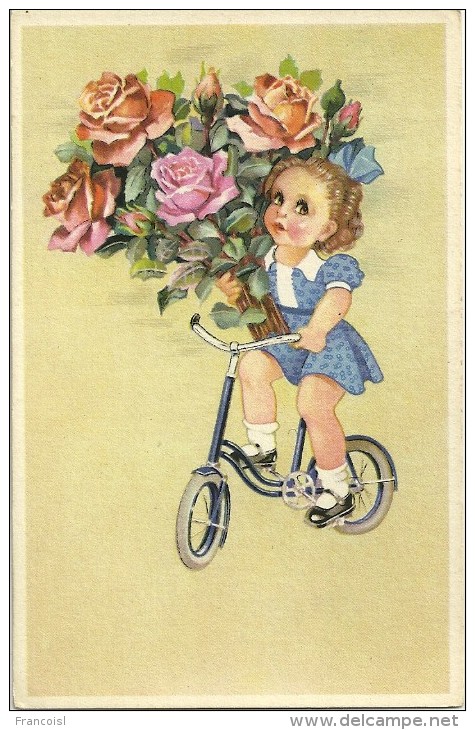 Petite Fille à Vélo, Gros Bouquet De Roses Roses. - Taferelen En Landschappen