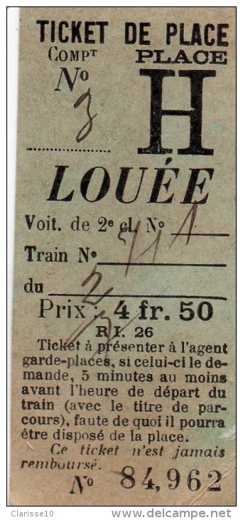 Titre De Transport Du Train Ticket De Place Louée Voir Scan - Europa