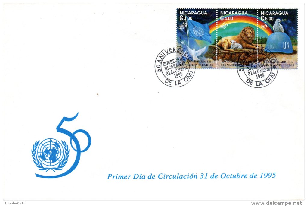 NICARAGUA. N°2016-8 Sur Enveloppe 1er Jour (FDC) De 1995. 50 Ans De L'ONU/Lion/Colombe/Agneau/Drapeau/Casque Bleu. - ONU