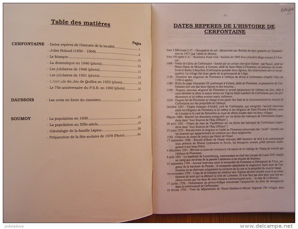 CAHIER CERFONTAINOIS N° 13 Régionalisme Cerfontaine Daussois Soumoy Kiosque Jubilaires Dramatique Jeu Quille Généalogie - België