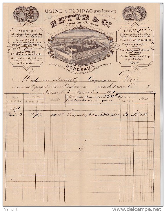 FACTURE BETTS ET CIE -BORDEAUX   PRIX:/    5€ - 1800 – 1899