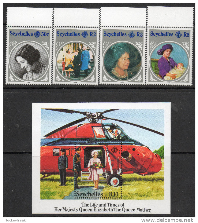 Seychelles 1985 - Life & Times Of HM Queen Elizabeth The Queen Mother -Set + Mini Sheet SG614-MS618 MNH Cat £5.75 SG2015 - Seychellen (1976-...)