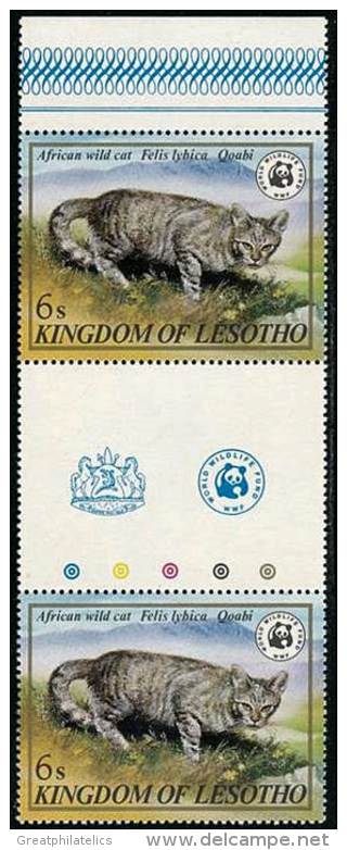 LESOTHO 1982  WWF CAT SC# 351 GUTTER PAIR  VF MNH  ANIMALS (DEB04R4) - Lesotho (1966-...)