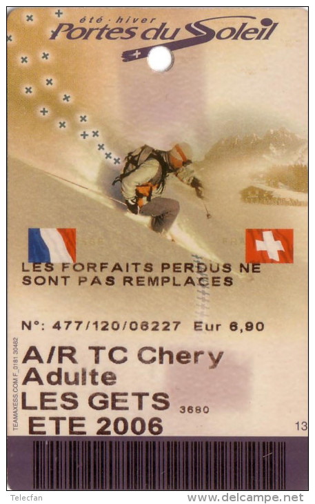 FRANCE CARTE REMONTEE PASS SKI LES GETS ADULTE  PORTES DU SOLEIL UT CARTE NON TELEPHONIQUE - Mountains