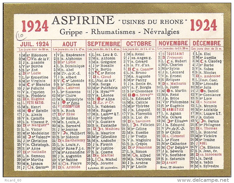 Calendrier 1924, Aspirine Usines Du Rhône - Petit Format : 1921-40