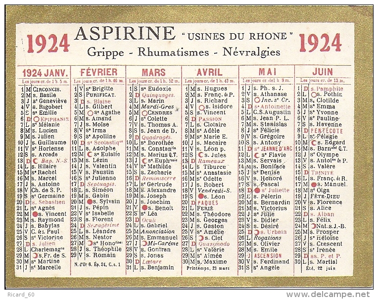 Calendrier 1924, Aspirine Usines Du Rhône - Tamaño Pequeño : 1921-40