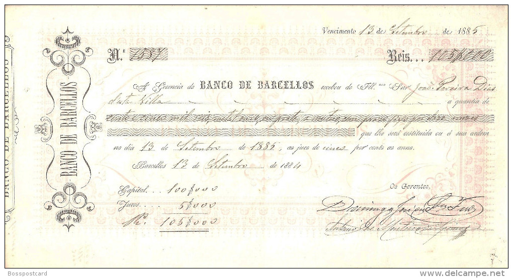 Barcelos - Talão De Depósito A Prazo Do Banco De Barcelos De 1885 - Cheques & Traveler's Cheques