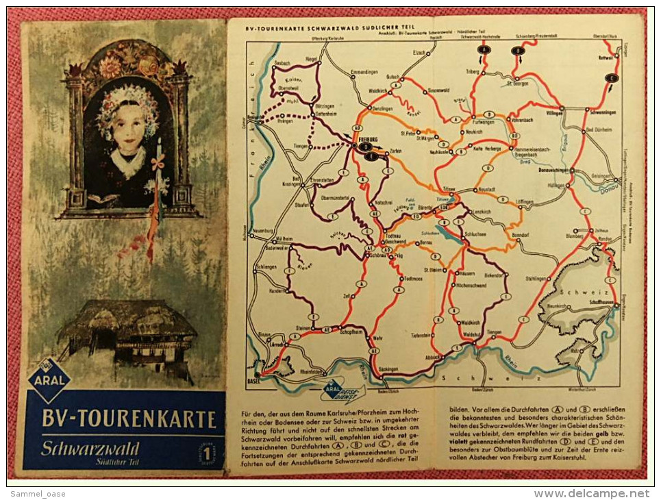 ARAL BV-Tourenkarte Schwarzwald - Südlicher Teil -  Von Ca. 1955 - 1 : 125.000  -  Ca. Größe : 69 X 62,5 Cm - Mappemondes