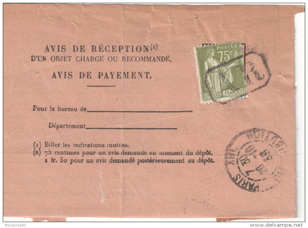 PAIX 75C SEUL SUR AVIS RECEPTION CAD PARIS XIII DU 26/10/33 DISTRIBUTION -  Tdcb012 - 1921-1960: Période Moderne