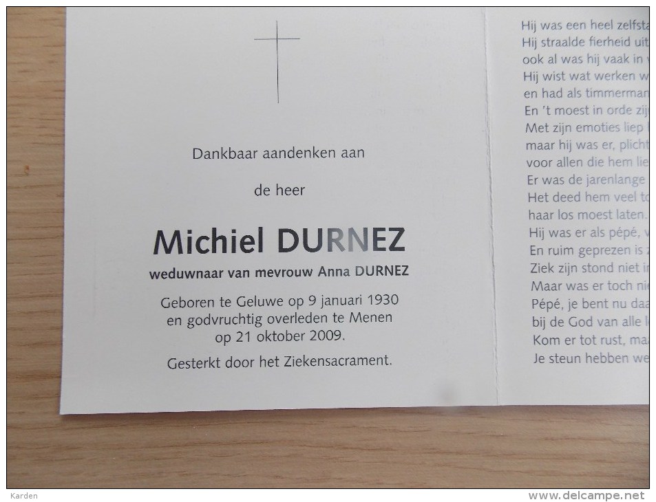 Doodsprentje Michiel Durnez Geluwe 9/1/1930 Menen 21/10/2009 ( Anna Durnez ) - Religione & Esoterismo