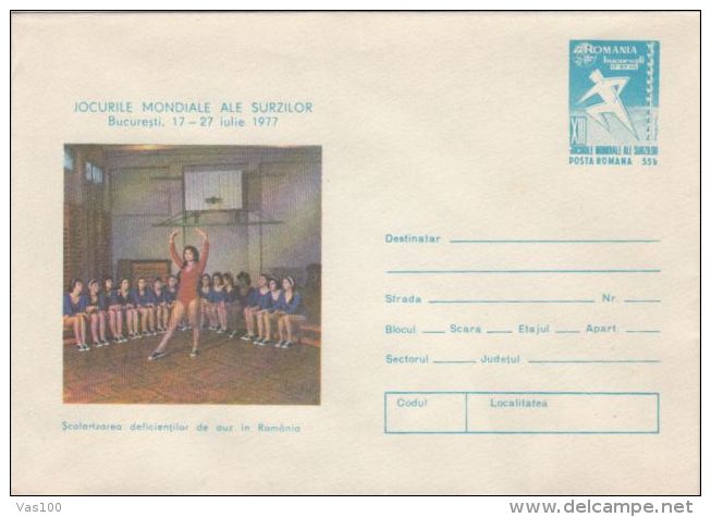 DEAF PEOPLES' GAMES, EDUCATION, GYMNASTICS, COVER STATIONERY, ENTIER POSTAL, 1977, ROMANIA - Handicaps