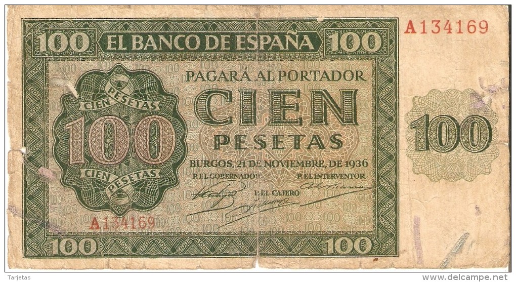 BILLETE DE ESPAÑA DE 100 PTAS 20/05/1936 SERIE A EN CALIDAD RC (BANK NOTE) - 100 Pesetas