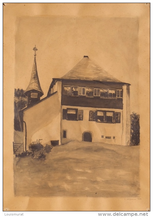 Hilberer Constantin (?-1988) - Dessin à La Mine De Plomb Et Aquarelle - Châlet Et église En Suisse - Dessins