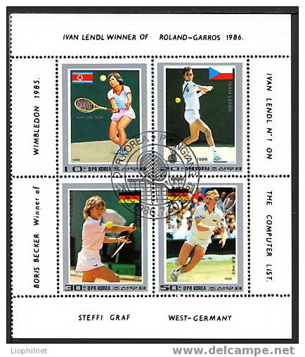 COREE DU NORD 1986, TENNIS, LENDL, BECKER, GRAF, 4 Valeurs Oblitérées / Used. R467 - Tennis
