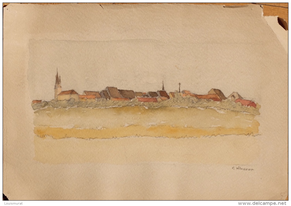 Hilberer Constantin (?-1988) - Aquarelle - Vue D´un Village En Suisse à Identifier Clocher Et Croix Caractéristiques - Zeichnungen