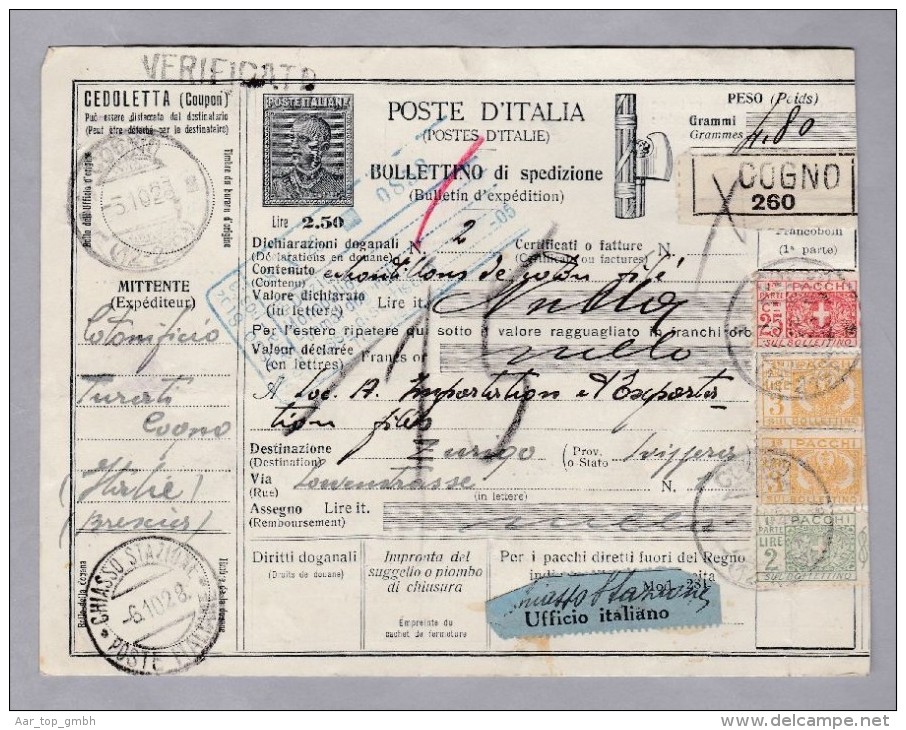 Heimat Italien Lombardei COGNO 1928-10-06 Paketkarte Nach Zürich - Pacchi Postali