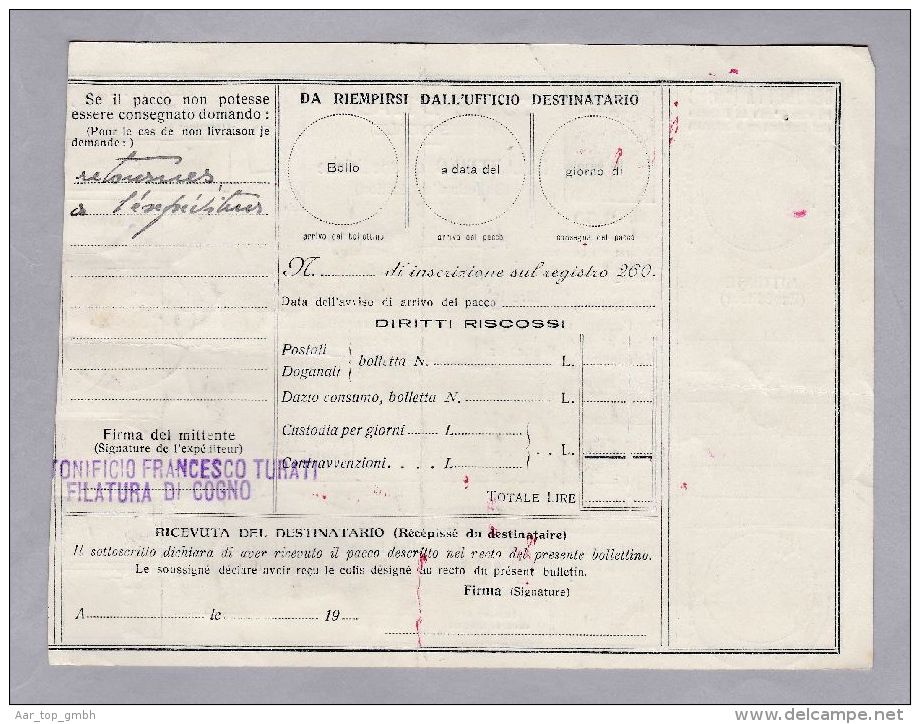 Heimat Italien Lombardei COGNO 1928-10-06 Paketkarte Nach Zürich - Pacchi Postali