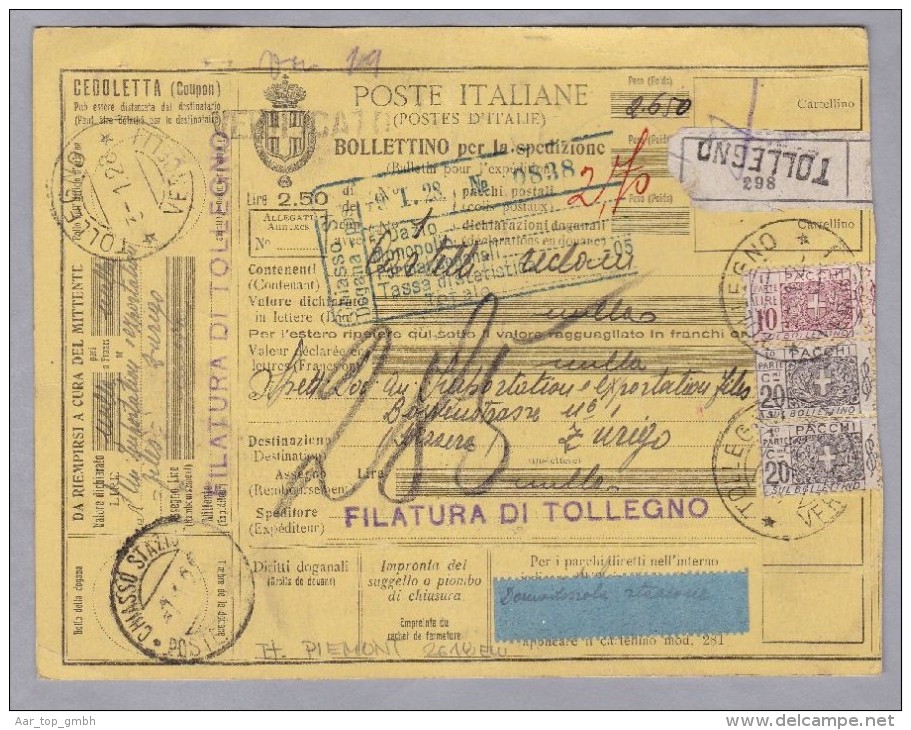 Heimat Italien Piemont TOLLEGNO 1928-01-03 Paketkarte Nach Zürich - Colis-postaux