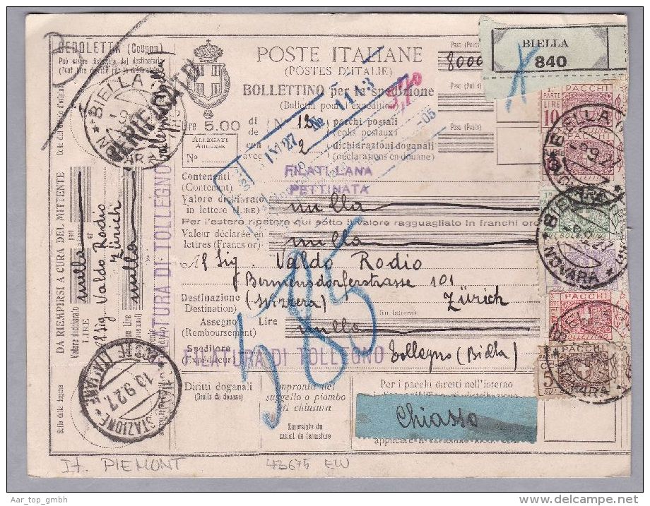 HEIMAT ITALIEN PIEMONT "BIELLA" 1927-09-09 Paketkarte Nach Zürich - Colis-postaux