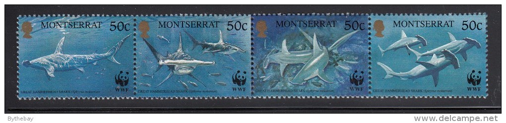 Montserrat MNH Scott #998 Strip Of 4 Different 50c Great Hammerhead Shark - World Wildlife Fund - Unused Stamps