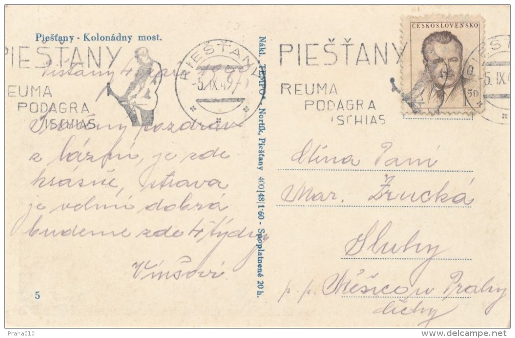I2549 - Czechoslovakia (1949) Piestany: Piestany / Reuma / Podagra / Ischias (postcard: Spy Piestany) Tariff: 1,50 Kcs - Thermalisme