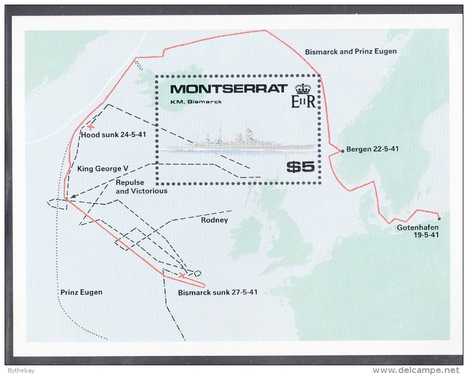 Montserrat MNH Scott #735 Souvenir Sheet $5 K.M. Bismarck, Map Of North Atlantic - WWII Battleships - Corner Crease - Montserrat