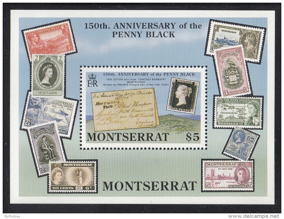 Montserrat MNH Scott #745 Souvenir Sheet $5 Chateau Barrack Cover 1836, Penny Black - 150th Anniversary - Montserrat