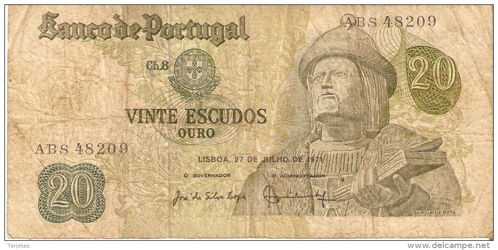 BILLETE DE PORTUGAL DE 20 ESCUDOS DEL AÑO 1971 DIFERENTES FIRMAS (BANKNOTE) - Portugal