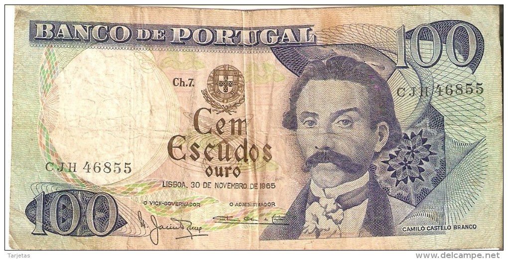 BILLETE DE PORTUGAL DE 100 ESCUDOS  DEL AÑO 1965 DIFERENTES FIRMAS (BANKNOTE-BANK NOTE) - Portugal