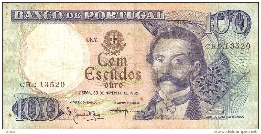 BILLETE DE PORTUGAL DE 100 ESCUDOS  DEL AÑO 1965 DIFERENTES FIRMAS (BANKNOTE-BANK NOTE) - Portogallo