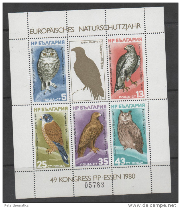 BULGARIA ,1980, MNH, EUROPEAN YEAR OF NATURE PROTECTION, ESSEN, BIRDS, BIRDS OF PREY, SHEETLET, NUMBERED - Eagles & Birds Of Prey