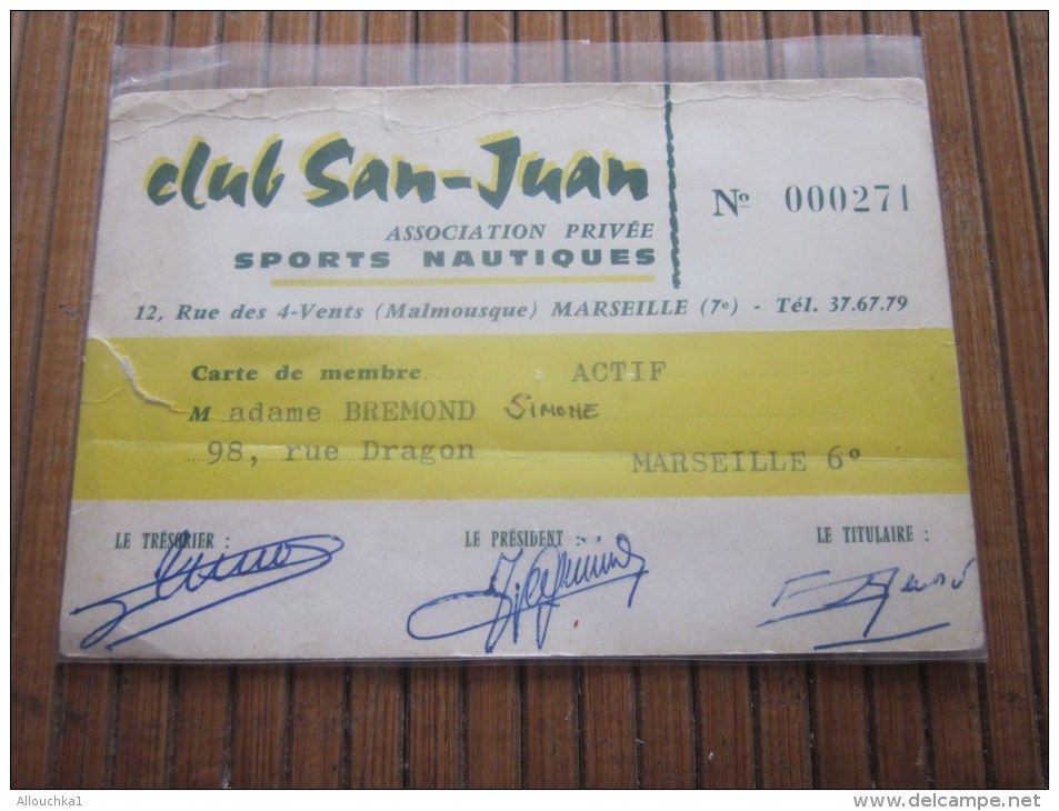 Carte De Membre Du Club San -Juan Association Privée Sport Nautique , Ski Malmousque Marseille Vignette 1964, 65, 66 - Duik