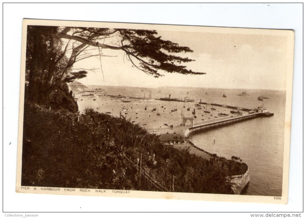 Cp , ANGLETERRE , Vierge , Ed : Salmon Series , Pier & Harbour From Rock Walk , TORQUAY , Gravure Style - Torquay